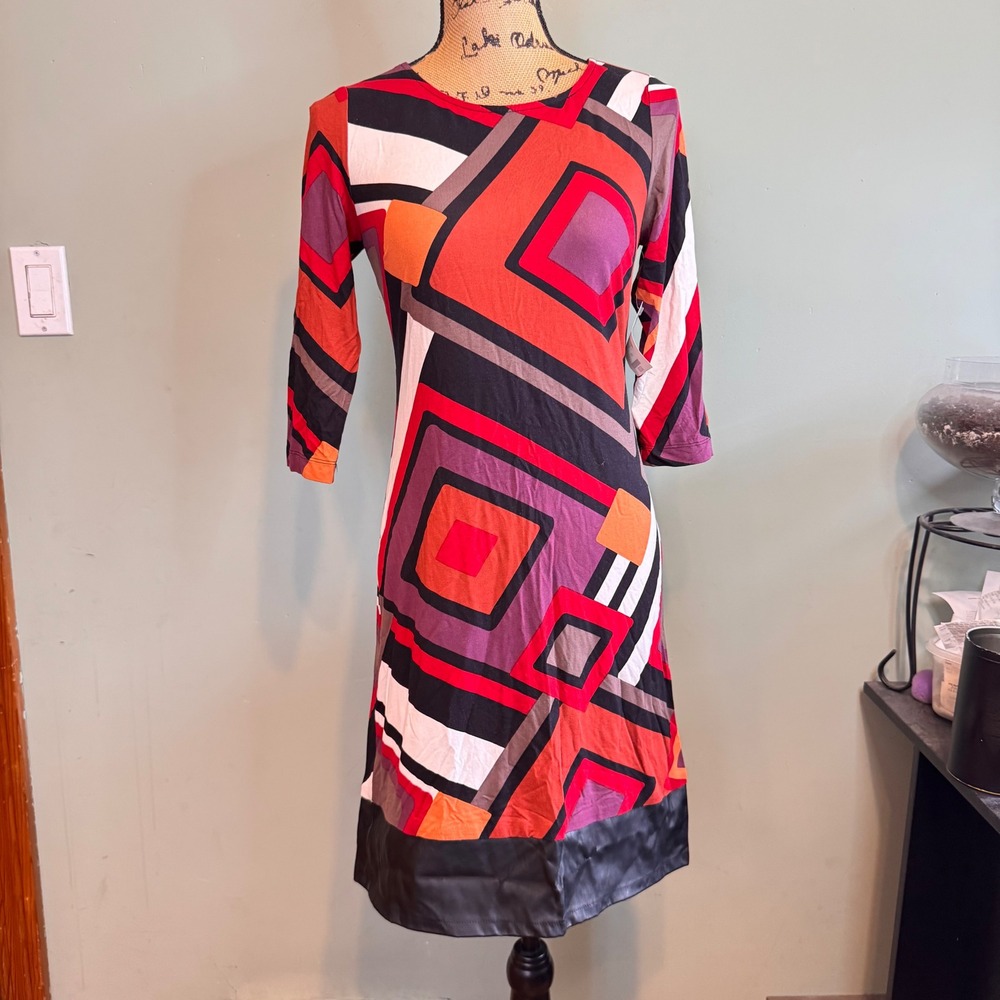 NWT Danny & Nicole Geometric Colorblock Faux Leather Trim Dress XS 50476X